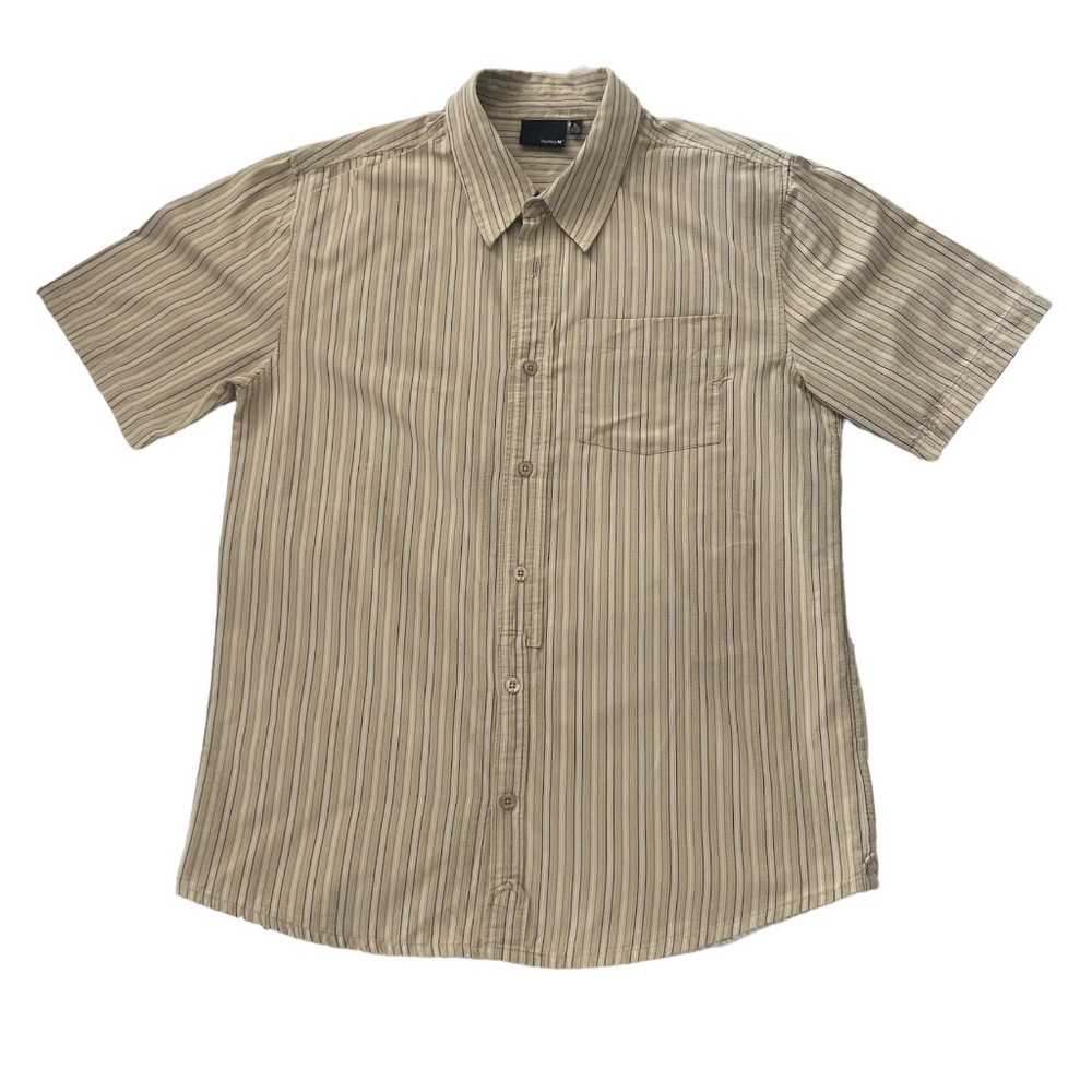 MEN'S HURLEY Button-down Shirt Short Sleeve Light Cream Stripe Size Large
